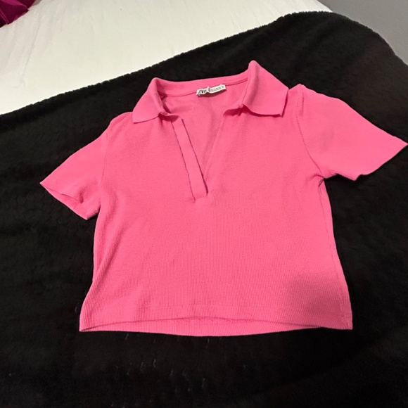 Women's Zara Cropped Hot Pink Ribbed Polo Shirt - SMALL - Picture 2 of 10